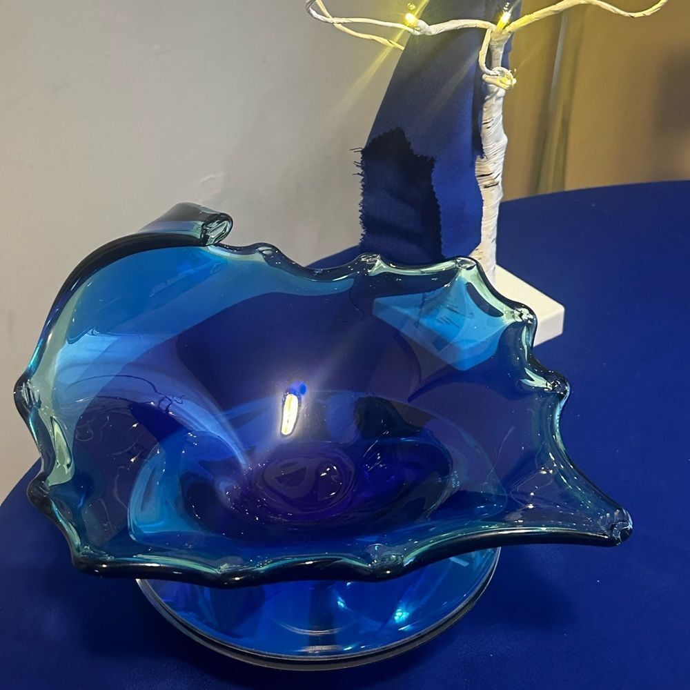 Murano style cobalt blue with green teal Leaf Dish vintage